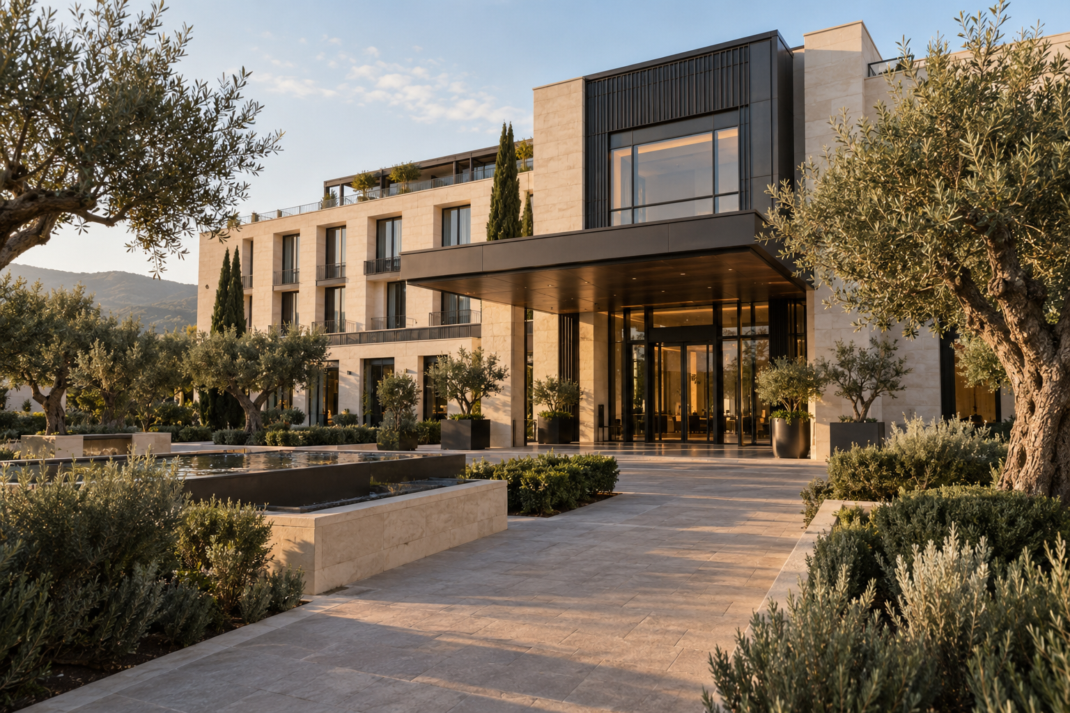 Arquitectura de un hotel contemporáneo entre olivos al atardecer. Imagen ilustrativa.